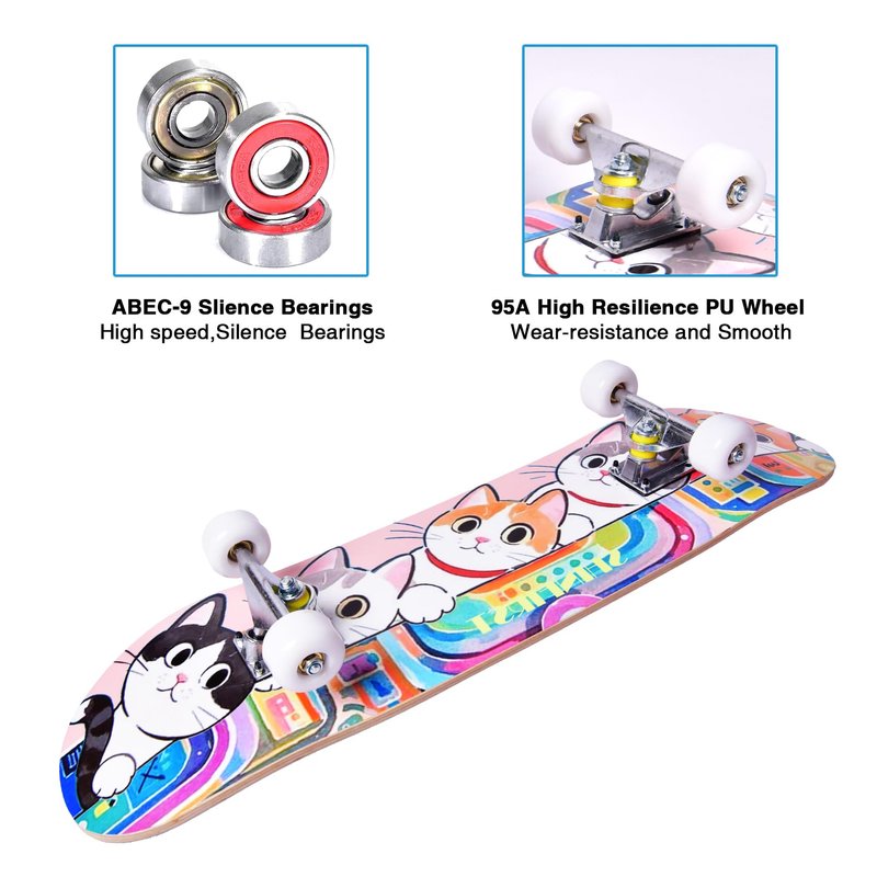 Skateboards for Beginners Kids Boys Girls Teens and Adults, 31 Inch Complete Standard Skateboards with 7-Layer Maple Double Kick Deck Unicorn and Skull Design (Cates)