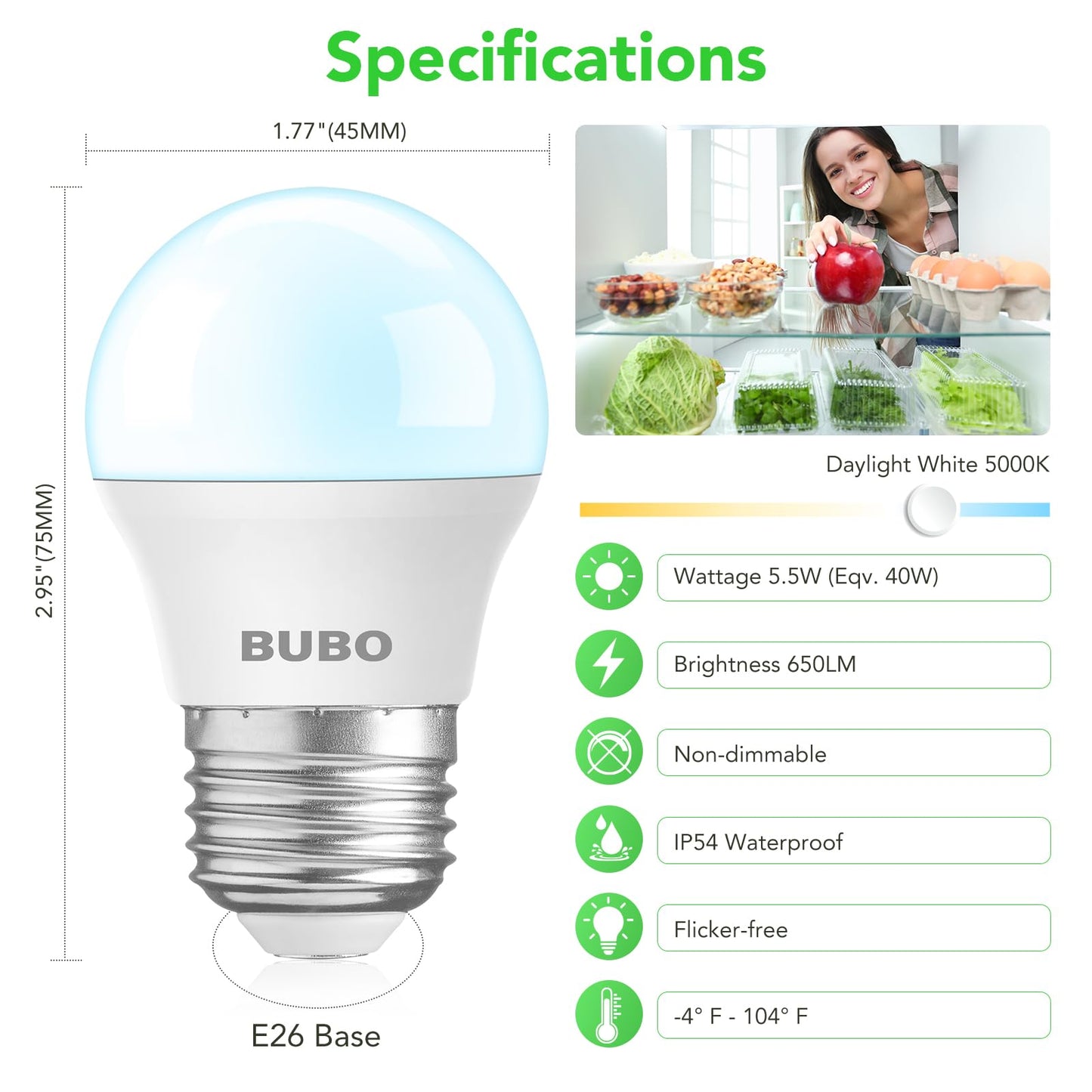 BUBO LED Refrigerator Light Bulb 40 Watt 120V, Fridge Light Bulb Daylight 5000K Waterproof, A15 Applicance Bulb for Freezer, E26 Medium Base, Non-Dimmable, 2 Pack