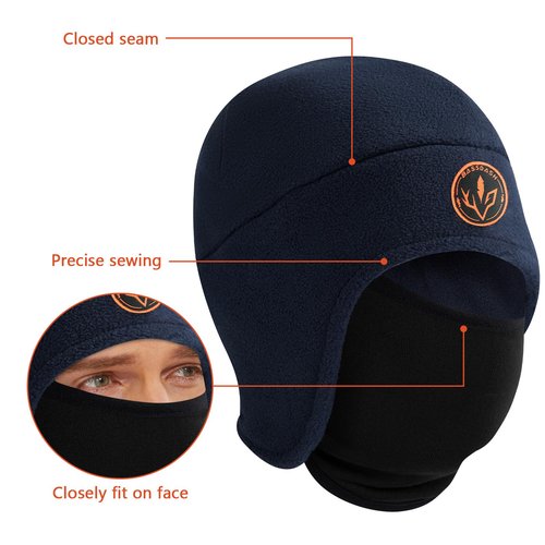 BASSDASH Soft Fleece 2-in-1 Hat with Ski Mask Ear Flap Ice Fishing Hunting Beanie for Men Women Cold Weather Winter Navy Blue
