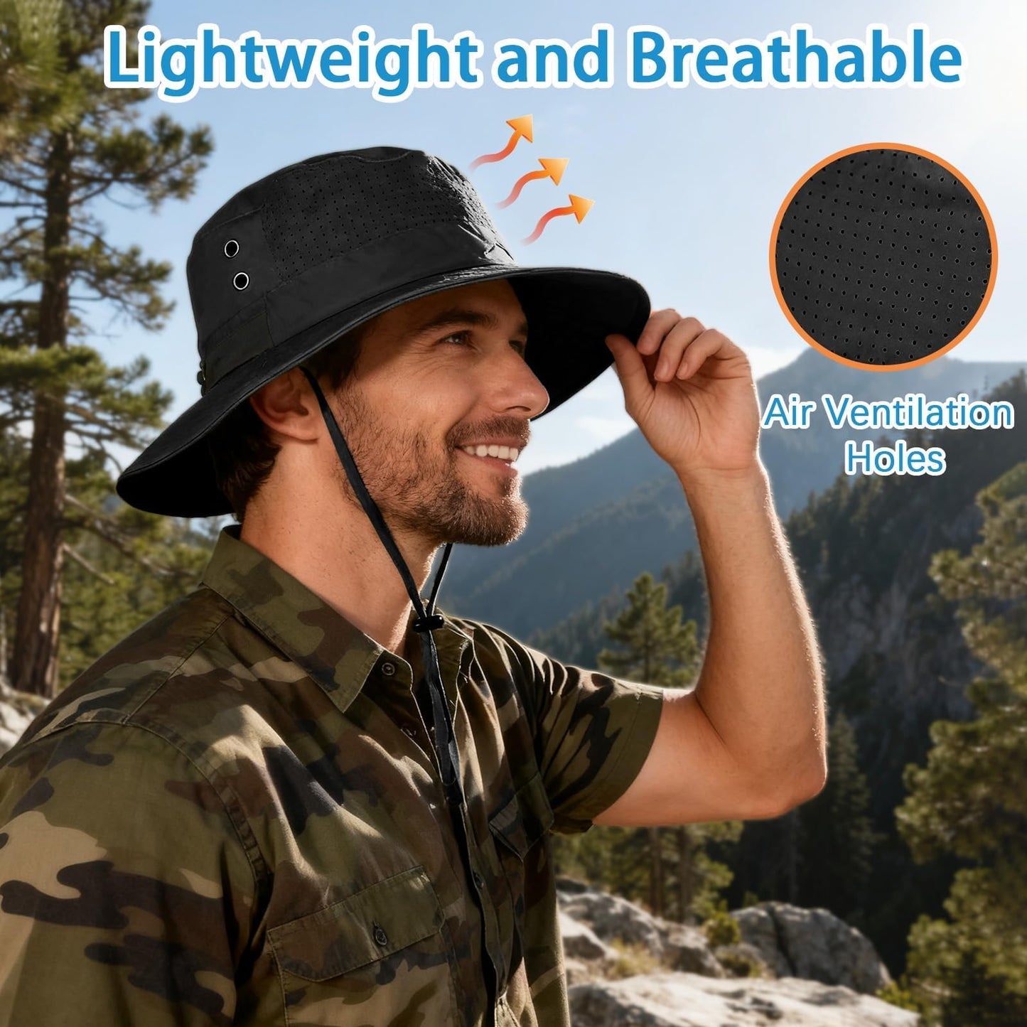 Sun Bucket Hat for Men Women Fishing Beach Safari Hats for Golf Hiking Hunting Outdoor UPF 50+ Black