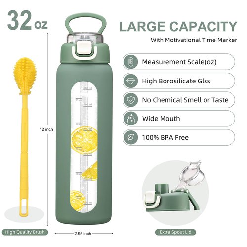 chunmo 32 oz Glass Water Bottles with 2 Lids-Handle Spout Lid & Straw Lid, 1 Liter Motivational Borosilicate Water Bottle with Time Marker and Silicone Sleeve,Leakproof-Olive-1 Pack