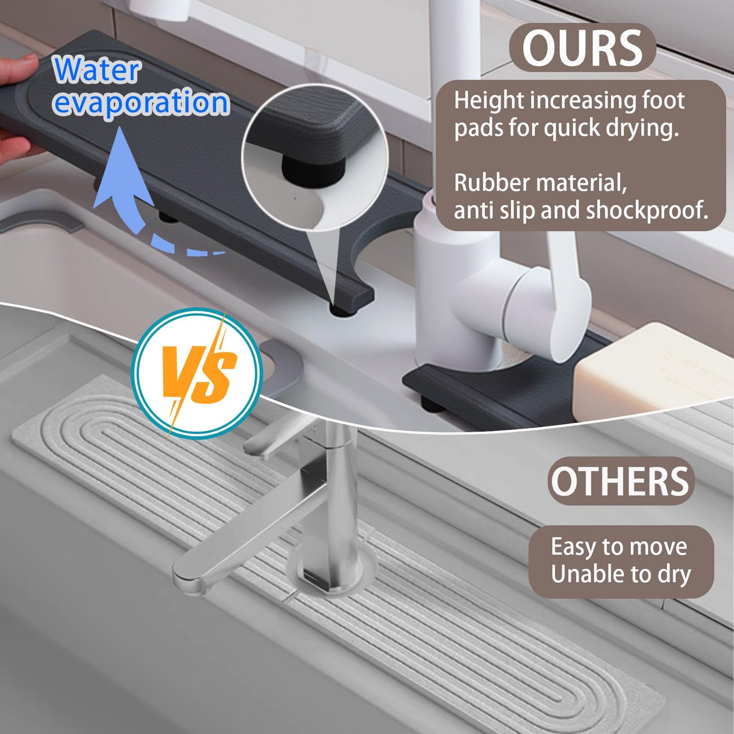 Faucet Mat for Kitchen Sink with Raised Feet, Fast Drying Diatomite Stone Sink Tray, Water Absorbent Faucet & Sink Splash Guard, Prevents Moisture Buildup, Durable Protector for Bathroom Counter