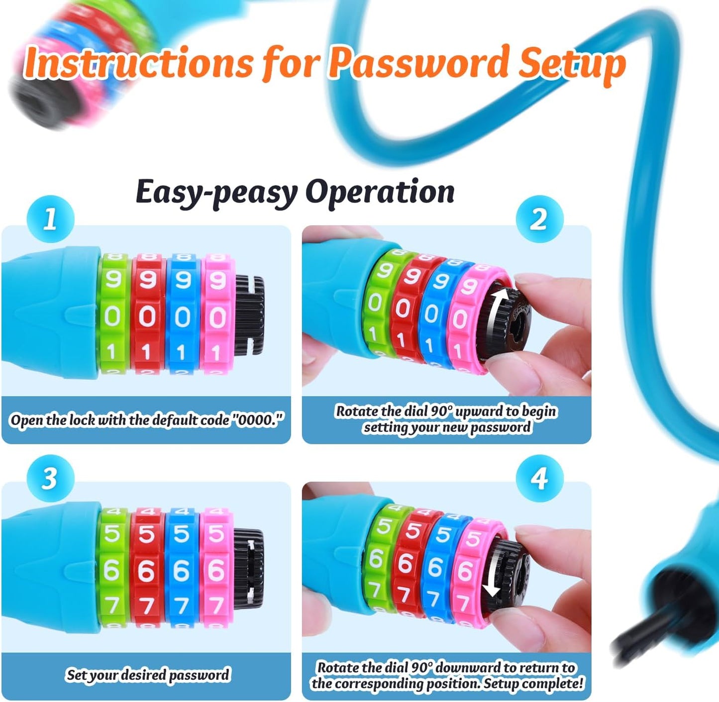 Sportneer Cable Lock - High Security 4-Digit Resettable Combination Lock | 25.6-Inch Colorful Keyless Bicycle Lock for Kids - Blue