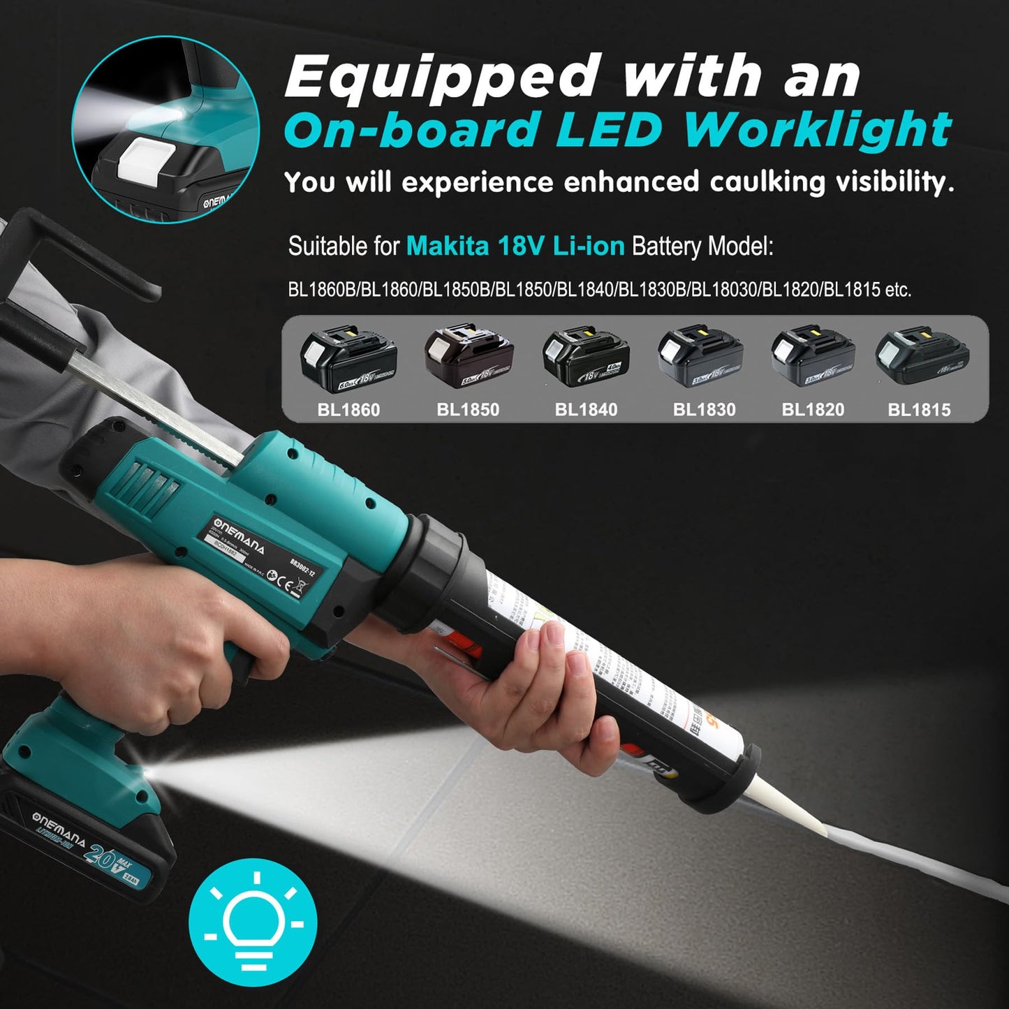 Cordless Caulking Gun, 20V Electric Caulk Adhesive Gun ONEMANA 6 Speed Anti-Drip Max 6500N Force 10oz/300ml Cartridges Caulking Tool with 2.0Ah Battery and Charger