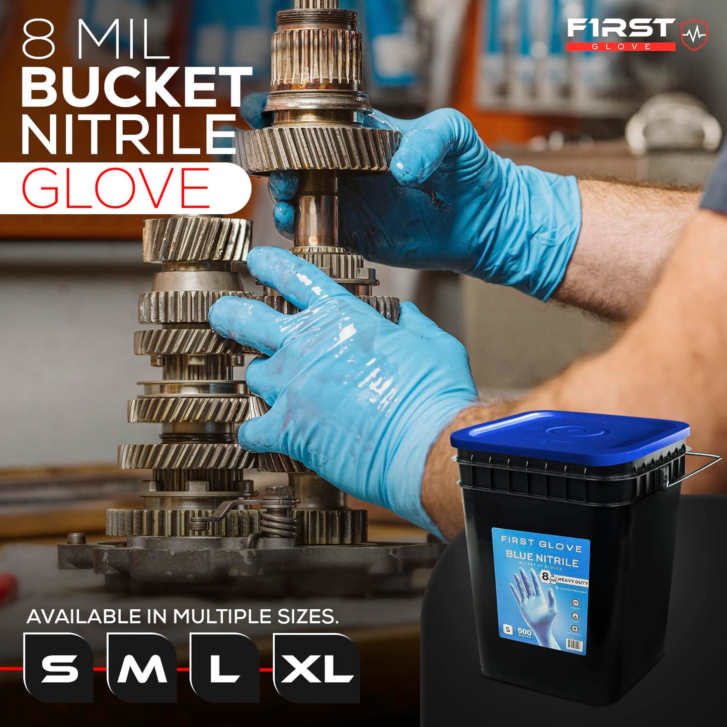 First Glove Nitrile 8 Mil Bucket Fully Textured Blue Gloves - Heavy Duty Gloves for Industrial Automotive, Food, Janitorial & Work - Glove with Diamond Grip & Powder-Free - 500 Count Large