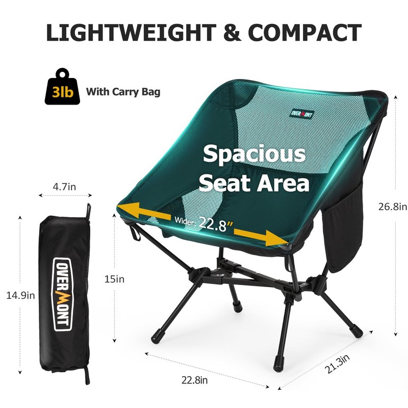 Overmont Ultralight Portable Camping Chair- Lightweight Folding Backpacking Chair, Support up to 330Lbs Compact Beach Chair for Adults with Carry Bag for Backpack Hiking Fishing Outdoor Camp Travel