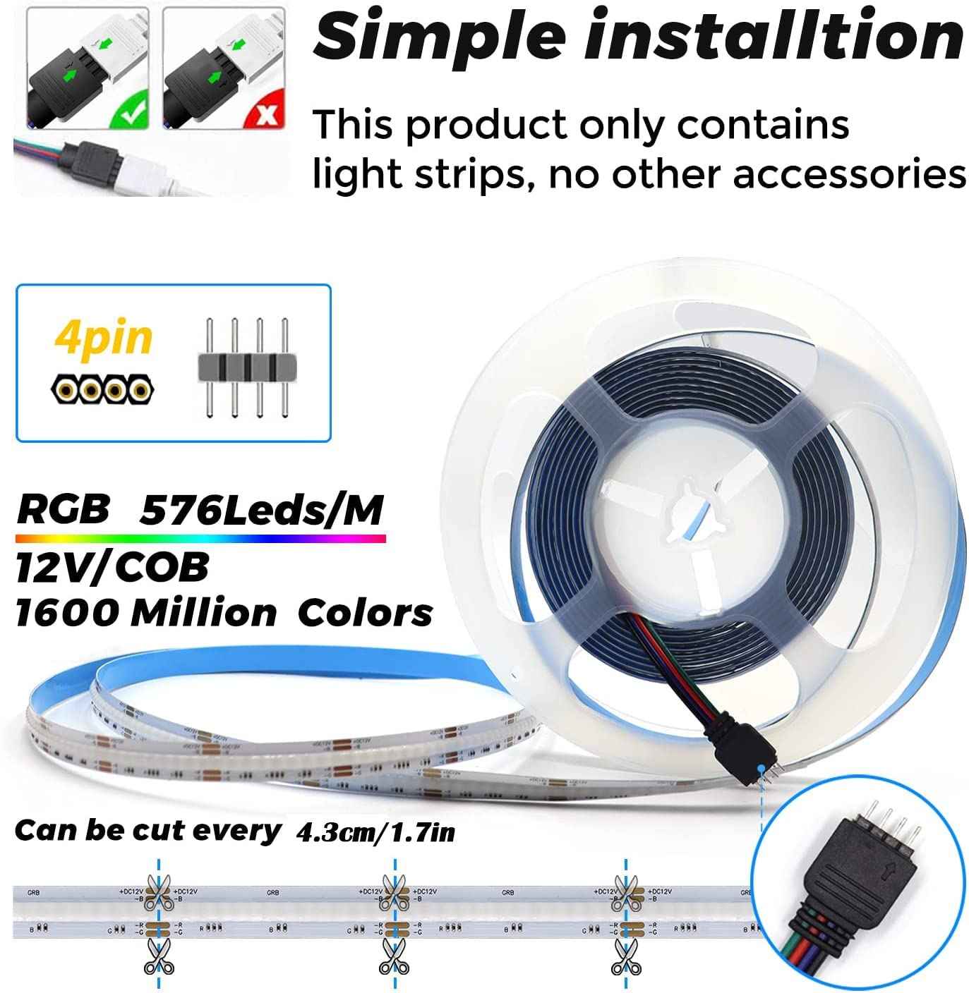 Lam(MS)pen 12V COB LED Strip Light,16.4ft RGB Flexible Dimmable LED Light Strip,576 LEDs/M LED Light Fixtures for Bedroom Kitchen Cabinets Home Indoor(Only Strip)