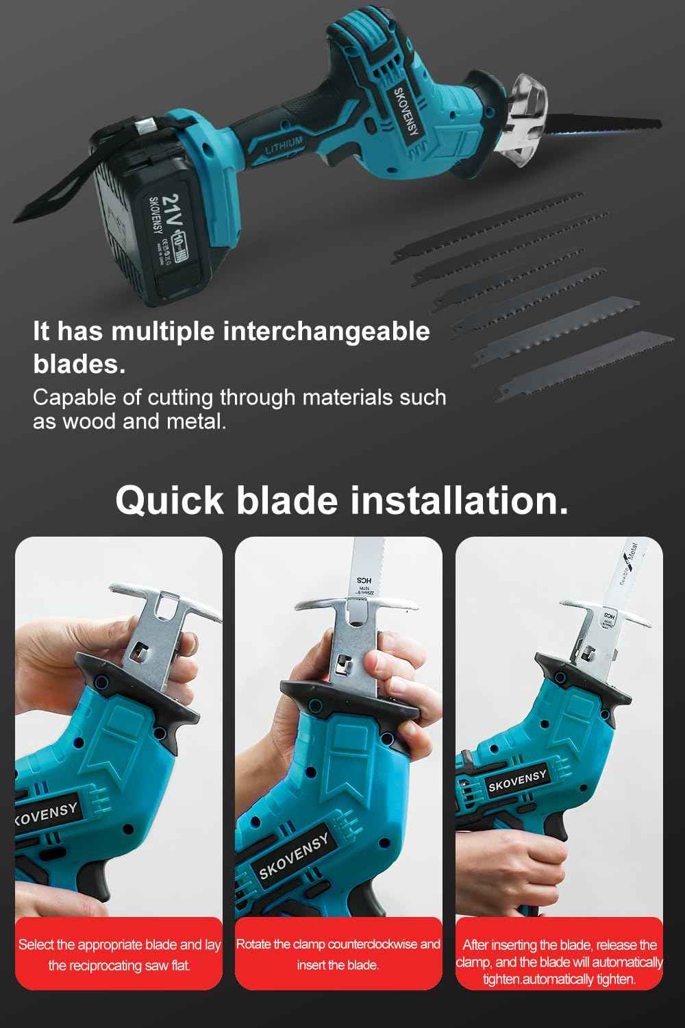 Cordless Reciprocating Saw, Battery x2, Reciprocating Saw Cordless, Variable Speed, Blades Kit for Metal/Wood/PVC Cutting, Blue