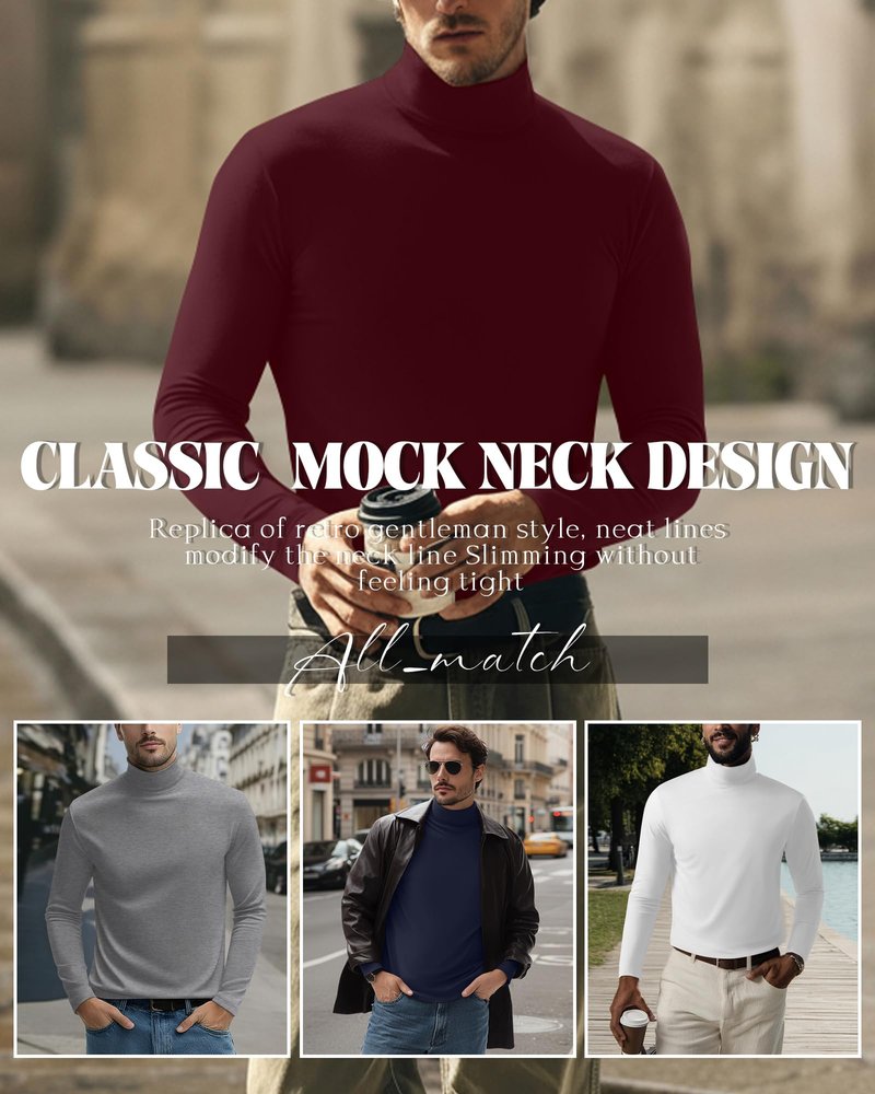 Evervibe 6 Pack Mens Big and Tall Turtleneck Shirts Long Sleeve Loose Fit Tops Basic Pullover Multipack Tees(Wine Red, Navy Blue, Black, White, Light Gray, Dark Gray,3X-Large)
