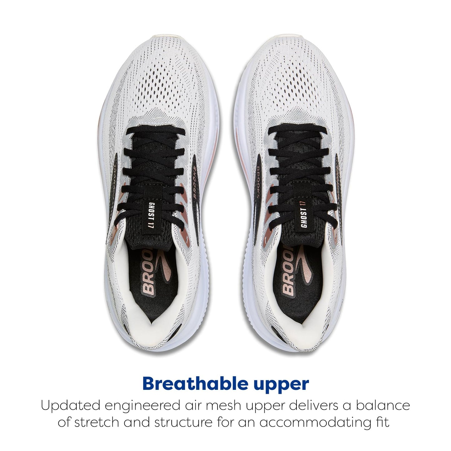 Brooks Women’s Ghost 17 Neutral Running Shoe - White/Black/Rose Gold - 7 Medium