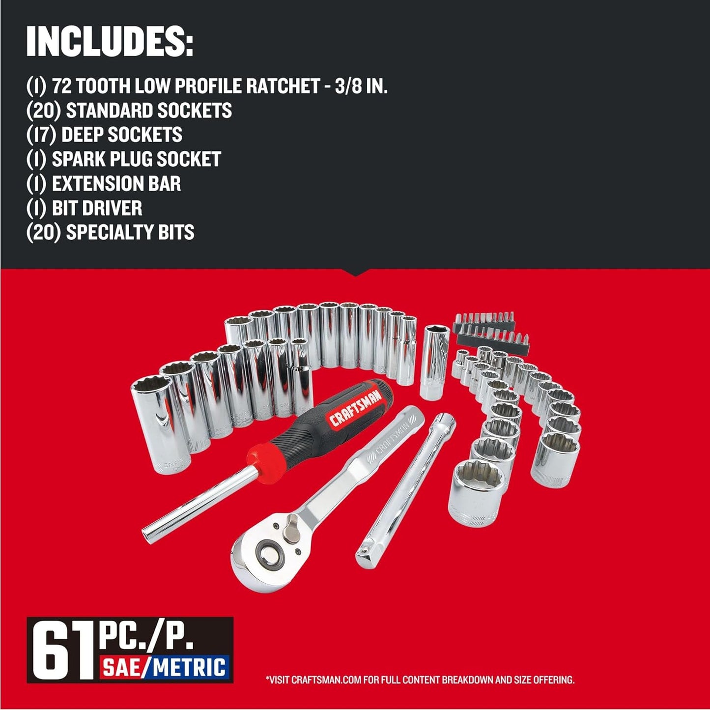 61-Piece CRAFTSMAN Mechanics Tool Set with 3/8 Inch Drive – Complete Toolkit