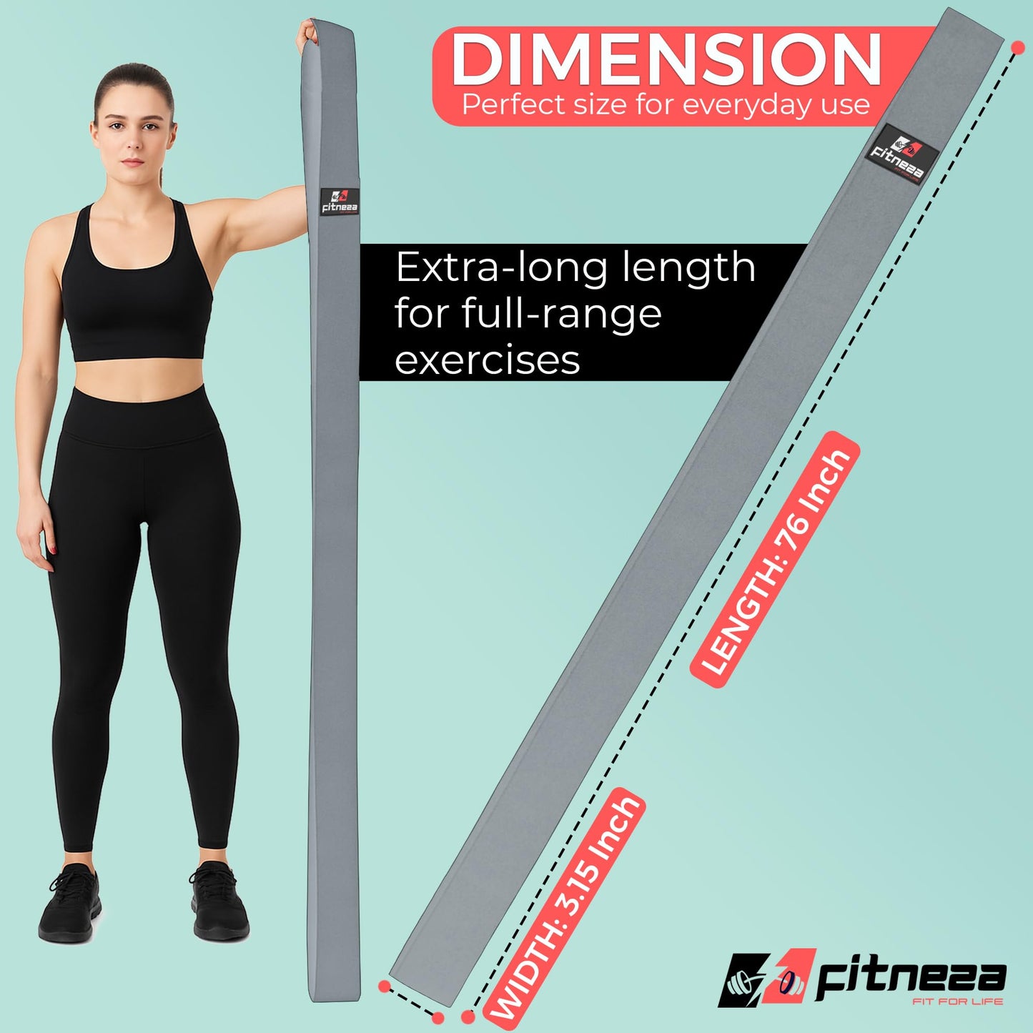 FITNEZA 76" Inch Premium Extended Length Fabric Resistance Bands for Working Out – 3" Wide Non-Slip Extra Long – No Pinching & Snapping – Exercise Workout Fitness Stretch Band for Pilates (Gray)