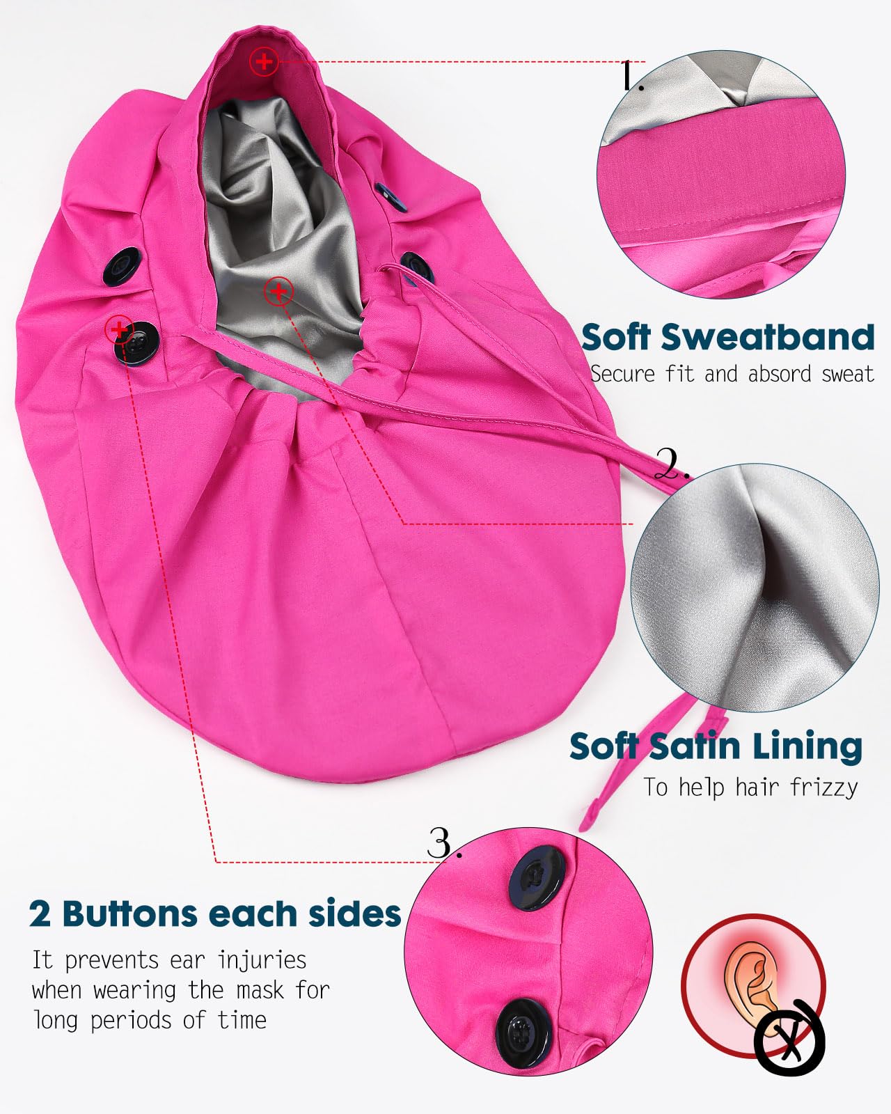 Womens Scrub Caps Satin Lined Nurse Cap for Long Hair Ponytail Women Large Pink