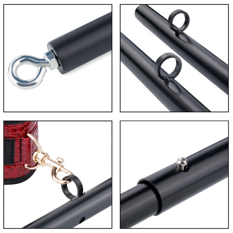 Portable Heavy Duty Stainless Steel Expandable Black Spreader Bar with 4pcs Red PU Crocodile Adjustable Straps,Workout Bar for Home Gym Training Bar,Exercise Detachable Pilates Kit