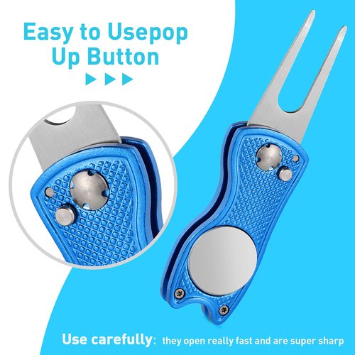 Skylety 3 Pcs Golf Divot Repair Tool Stainless Steel Foldable Magnetic Golf Ball Marker Repair Tool with Pop up Button Portable(Black, Red, Blue,3 Pieces)