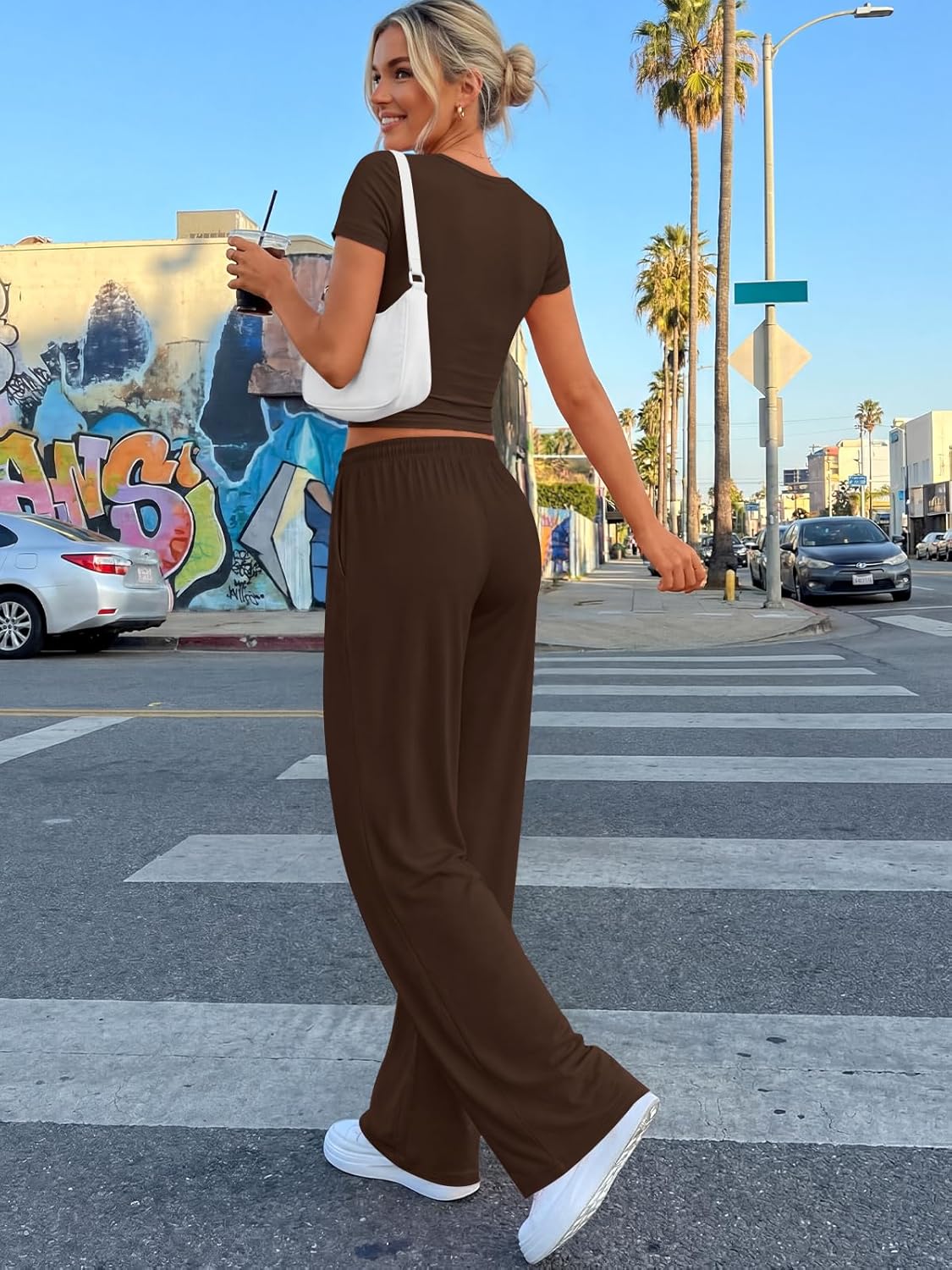 Trendy Queen 2-Piece Summer Lounge Set - Women's Wide Leg Pants & Ruching Crop Top