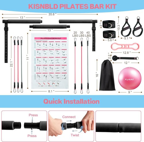 Kisnbld Pilates Bar Kit - Multifunctional Portable Bar with 3 Resistance Bands for Home Workouts