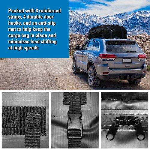 Reese 59006 Waterproof Rooftop Cargo Carrier Bag for Cars, SUVs or Trucks with/Without Roof Racks, 15 Cubic Feet, Heavy Duty 840D Abrasion-Resistant PVC Fabric with Anti-Slip Mat