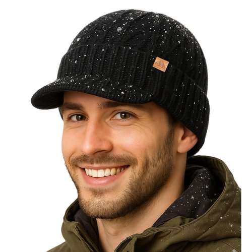 DryKnit™ Black Waterproof 80% Merino Wool Blend Beanie Hat with Brim Visor Fleece Lined Knit Winter Cap for Men Women Large Head Warm Outdoor Hiking Cold Weather Gear M/L