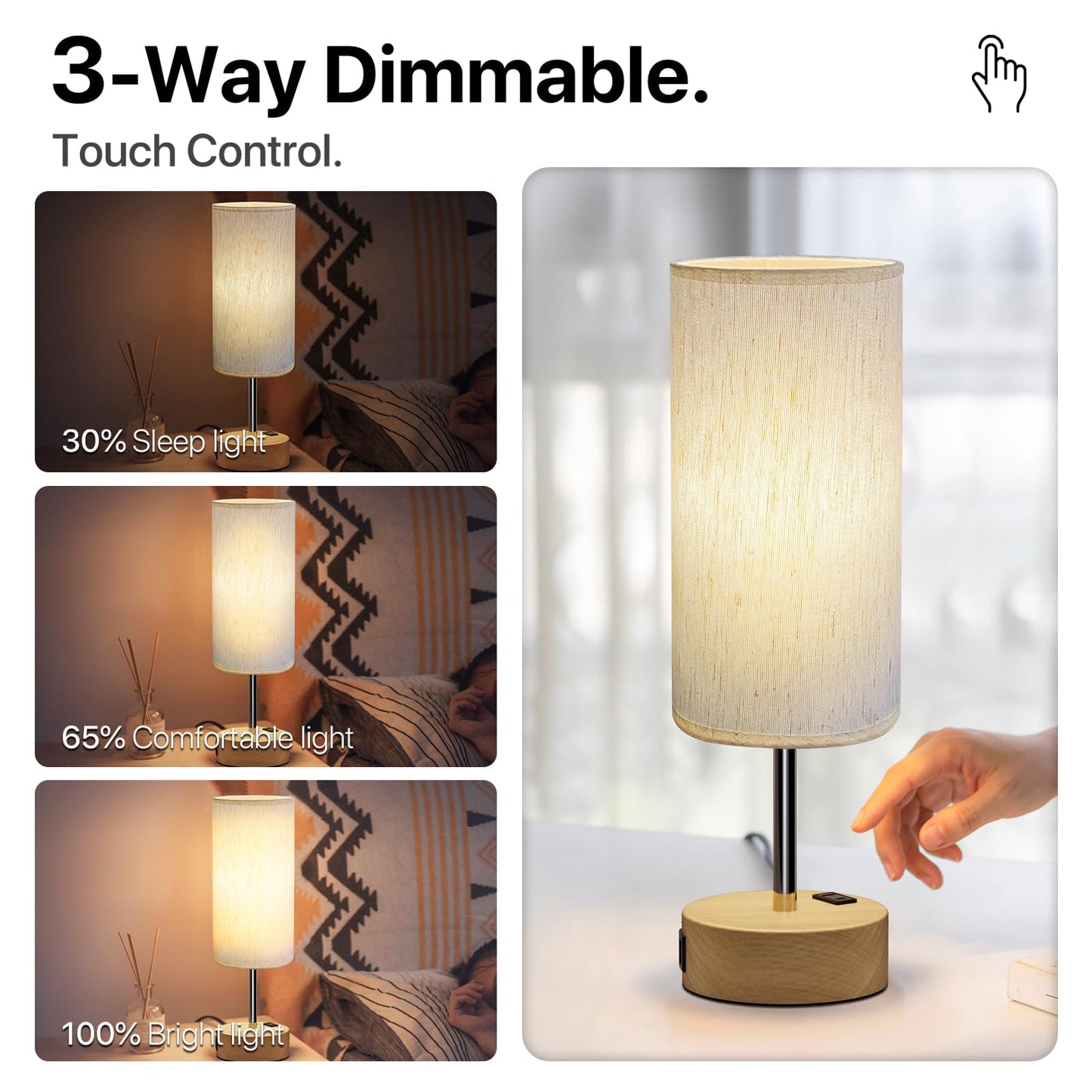 KPQ Small Bedside Lamp Touch Control Table Lamp with USB A+C Charging Ports & AC Outlet 3-Way Dimmable Nightstand Lamp with Linen Fabric Shade for Bedroom Living Room