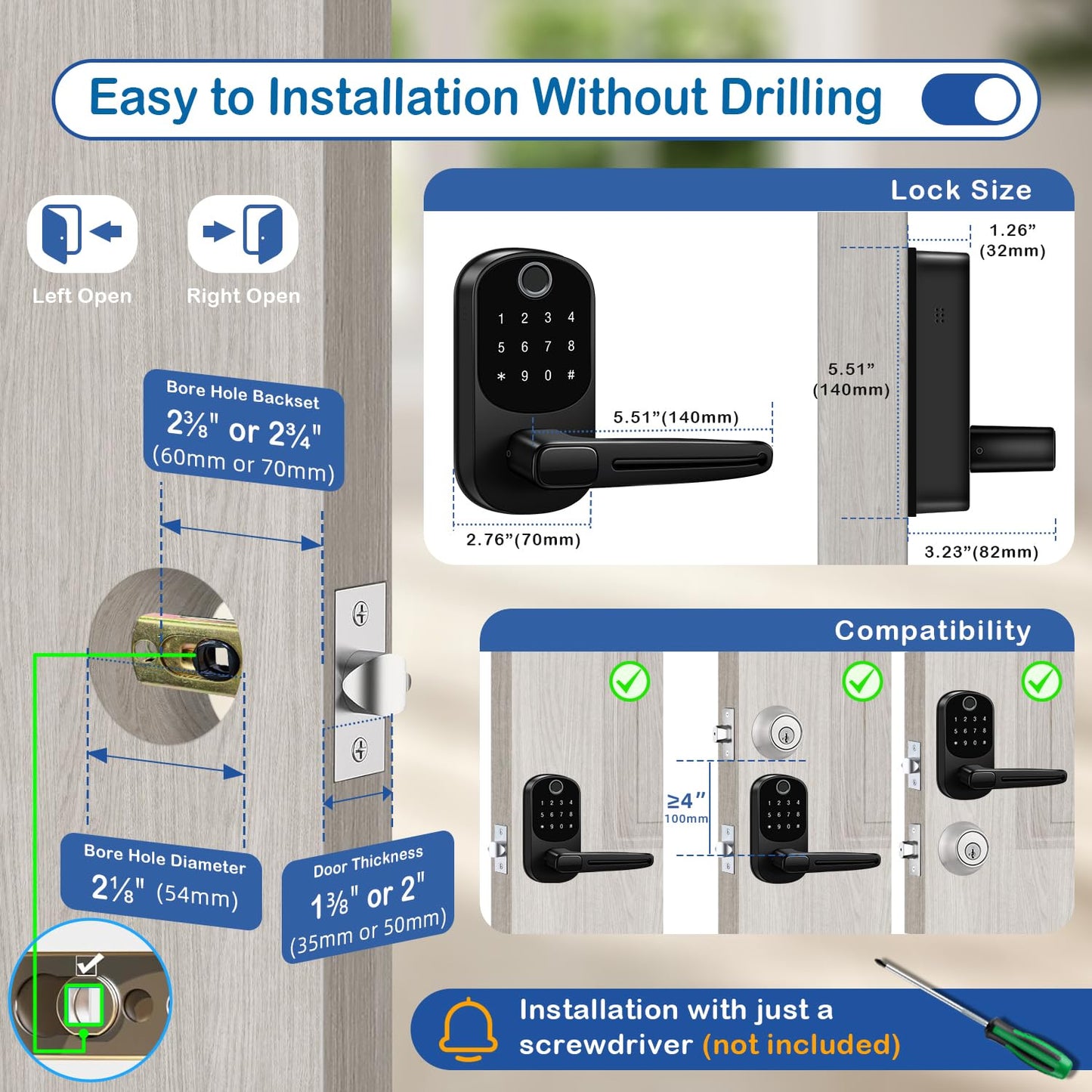Keyless Entry Door Lock, Smart Handle Lock with Keypad, Smart Locks for Front Door, Electronic Keypad Deadbolt with Handle, Fingerprint Locked with Code, Auto Locked for Exterior,Home(Matte Black)