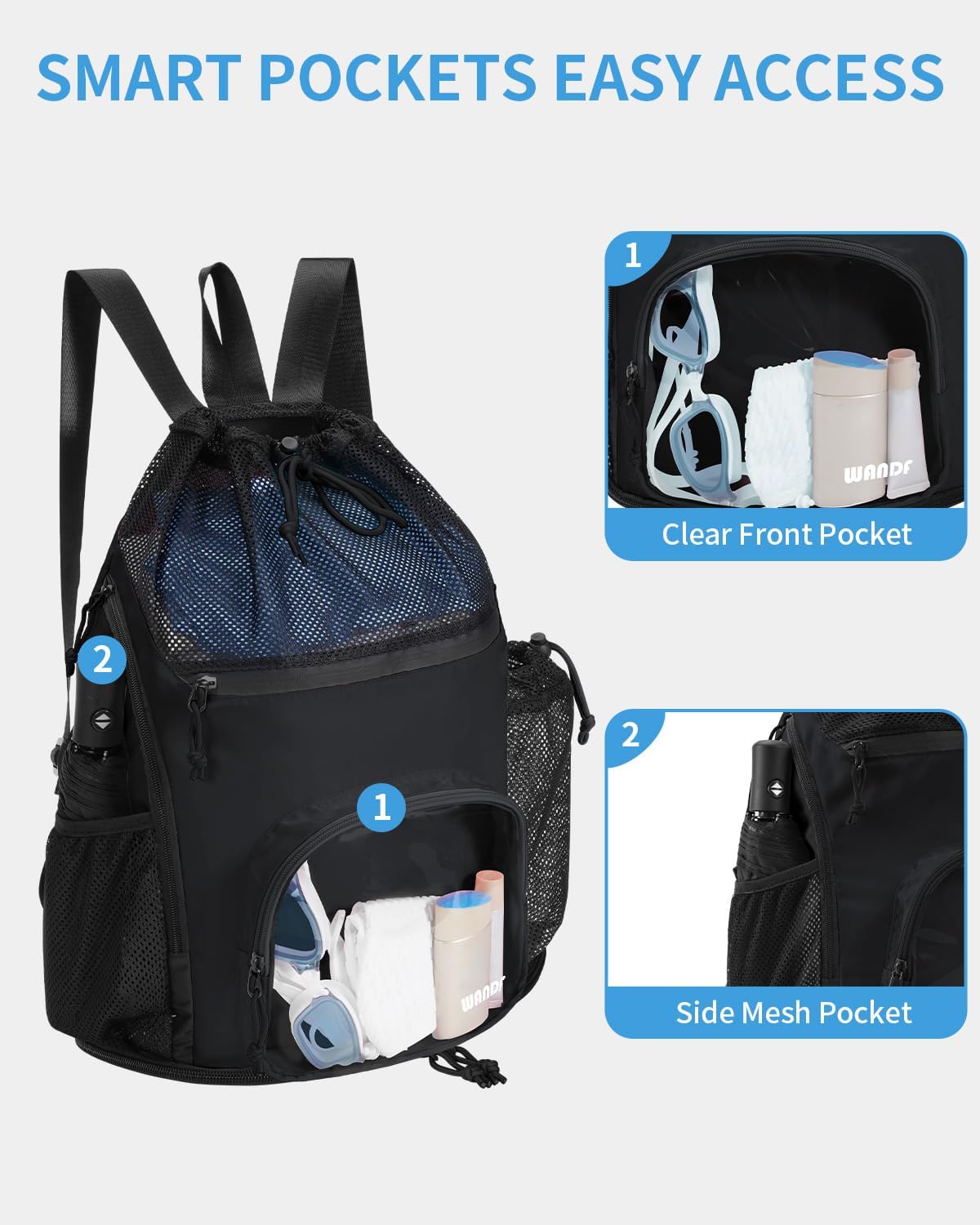 WANDF Swim Bag - Sandproof Beach Backpack with Wet Pockets & 40oz Tumbler Holder | Black