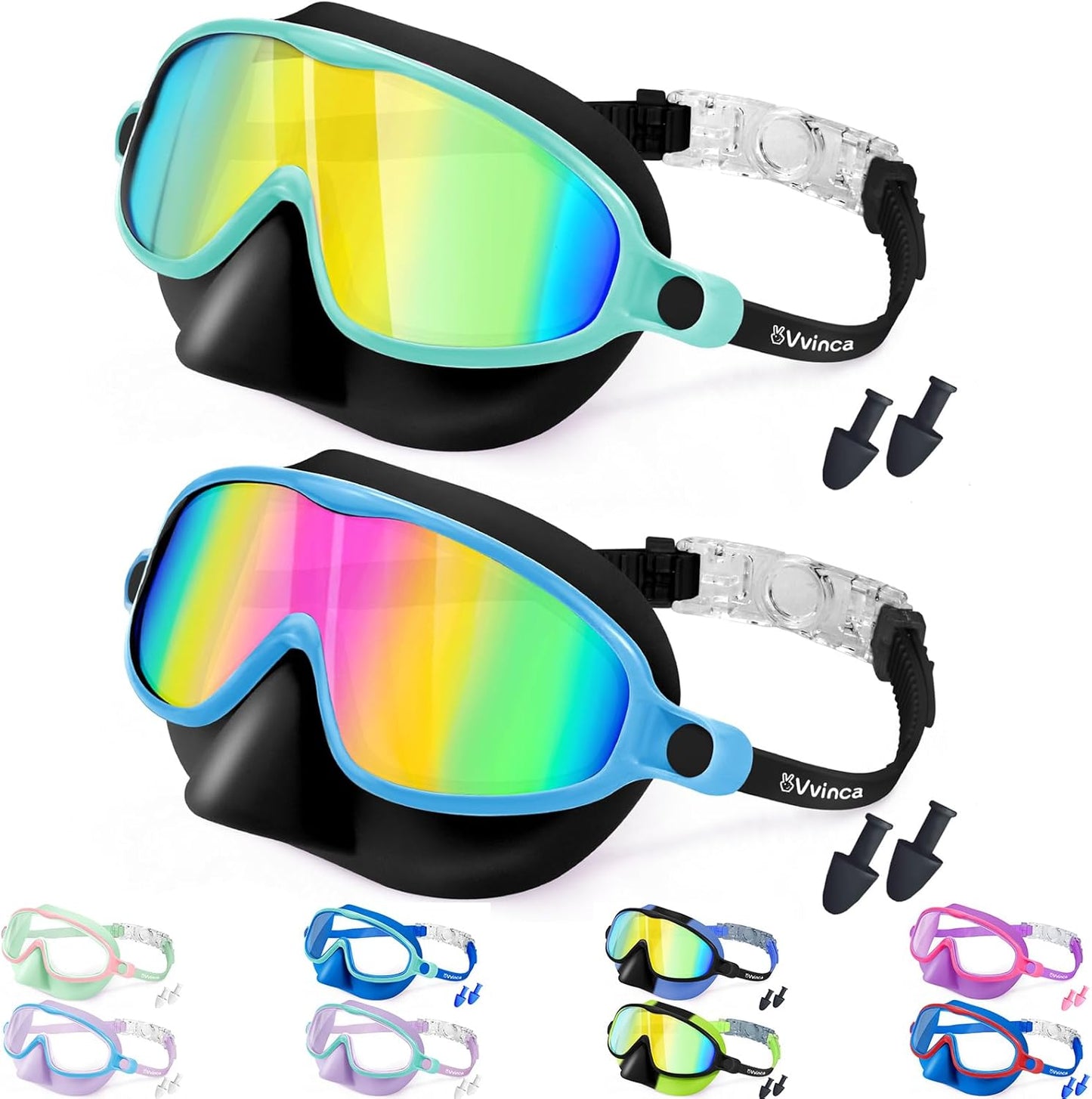 Vvinca Swim Goggles - Anti-Fog Wide View Diving Mask with Nose Cover | 2-Pack for Kids Ages 3-15