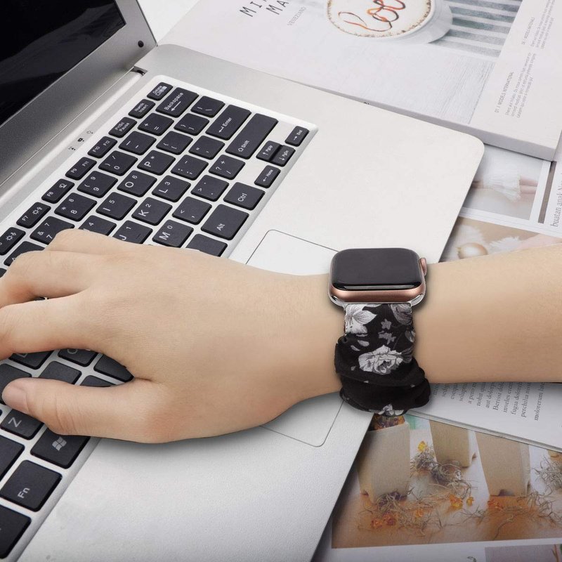 Scrunchie Bands for Fitbit Versa 4/Versa 3/Sense/Sense 2 Strap for Women,Replacement Watchband Soft Cloth Fabric Elastic Wristband (Black&Honeysuckle&Chrysanthemum&Grayflower, Small)
