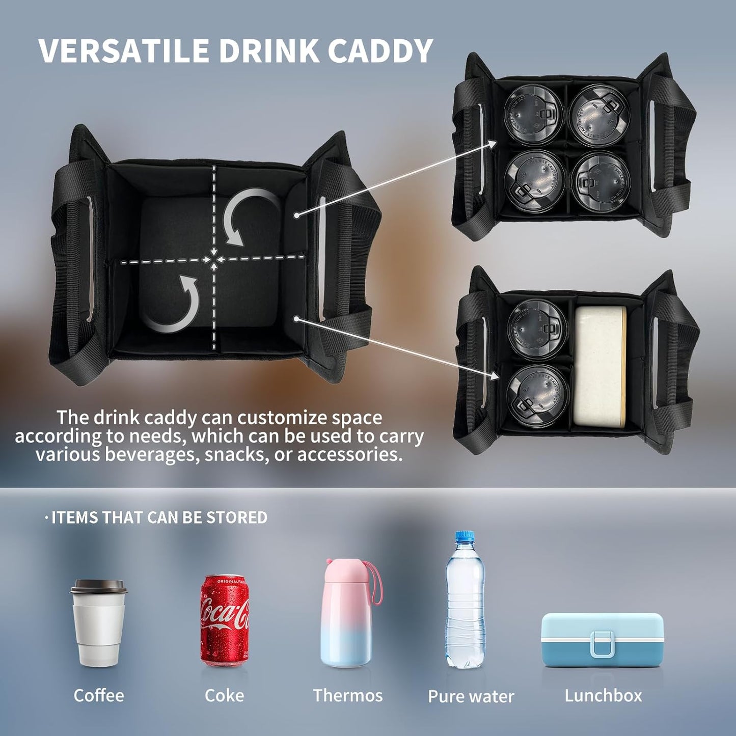 Skiennix Reusable 4-Cup Drink Carrier - Insulated Caddy with Adjustable Dividers | Foldable Coffee Holder (Black)