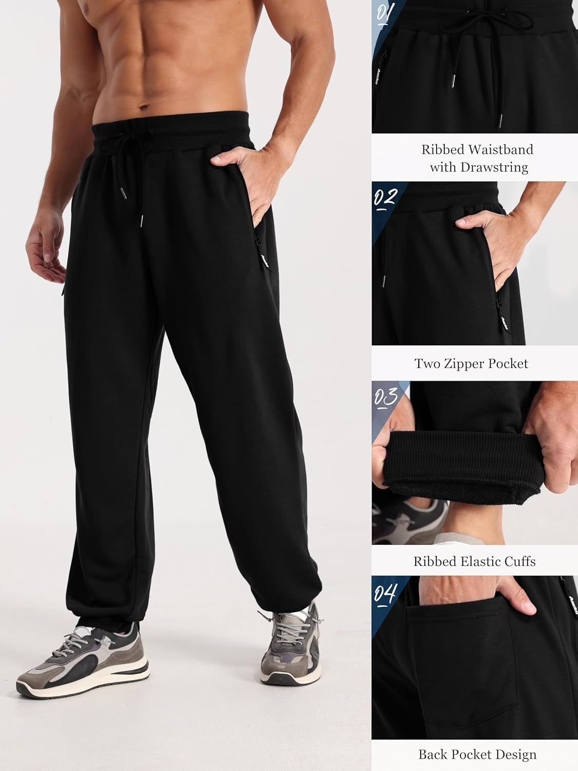 Skiennix Men's Athletic Joggers - 4 Pack Workout Sweatpants with Zipper Pocket & Drawstring