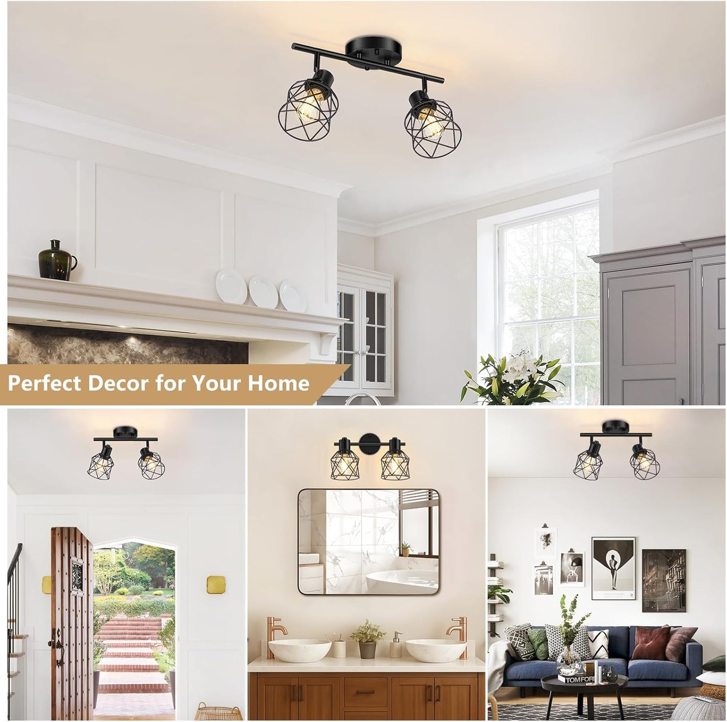 Adjustable 4-Light Semi Flush Mount Ceiling Light with Metal Cage - Farmhouse Style for Dining & Living Rooms