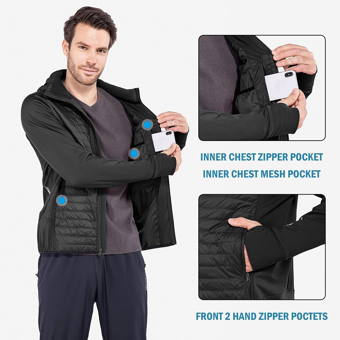 Baleaf Men's Running Jacket - Lightweight Insulated Puffer for Hiking & Golf | Warm Up Coat with Thumb Holes