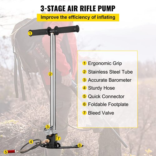 BestEquip Airgun PCP Pump 4500PSI High Pressure Hand Pump 3 Stage Pump Chamber PCP Air Pump & Air Venturi Male Quick-Disconnect, 1/8 BSPP Female Threads, Steel, Rated to 5000 PSI, Incl. Delrin Seal
