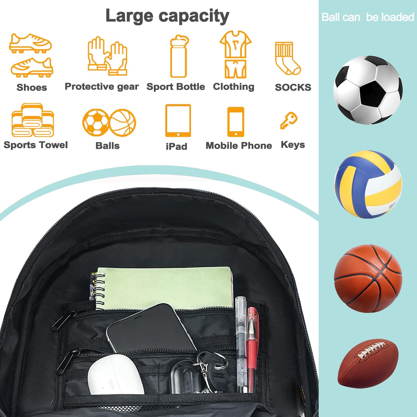 DAFISKY Youth Soccer Backpack Basketball Bag,Ball Compartment&Breathable Separate Cleat Water-Resistant Lightweight Durable Ergonomic Comfort Sports Equipment for Volleyball Football Rugby Training