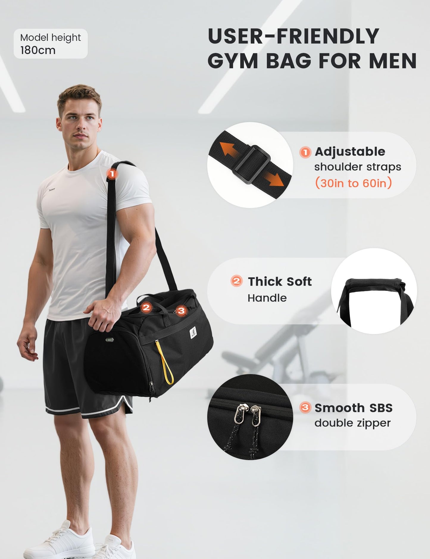 SKYSPER Gym Bag for Men & Women with Shoe Compartment, Carry-on Gym Duffle Bag for Travel and Sports, Workout Overnight Bag with Large Wet Pocket, Black