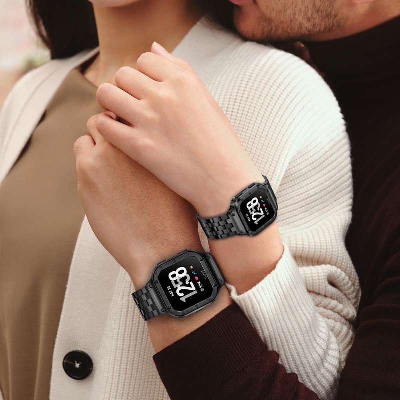 SUPLINK Stainless Steel Case & Band Compatible with Fitbit Versa 4/3/2 Bands, Protector Cover Strap for Fitbit Sense/Versa Lite Bands, Black