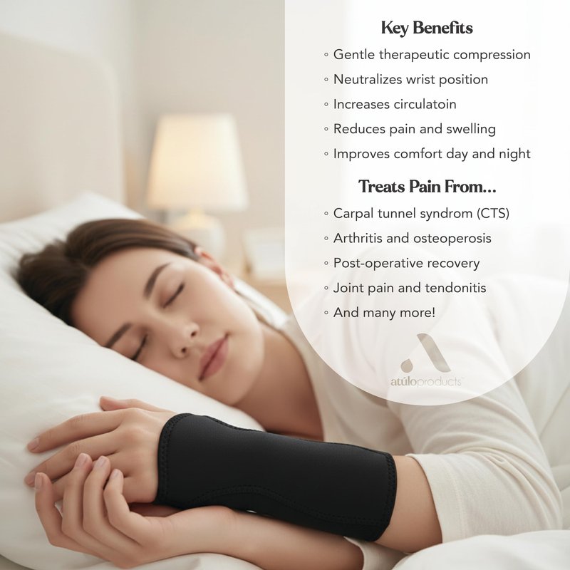 Atúlo Products Carpal Tunnel Night Wrist Splint – Therapeutic Support Brace with Breathable Targeted Compression, Removable Palmar Splint & Comfort Beaded Palm Pad – Ambidextrous Design for Tendonitis, Nerve Pain, Arthritis & CTS Relief