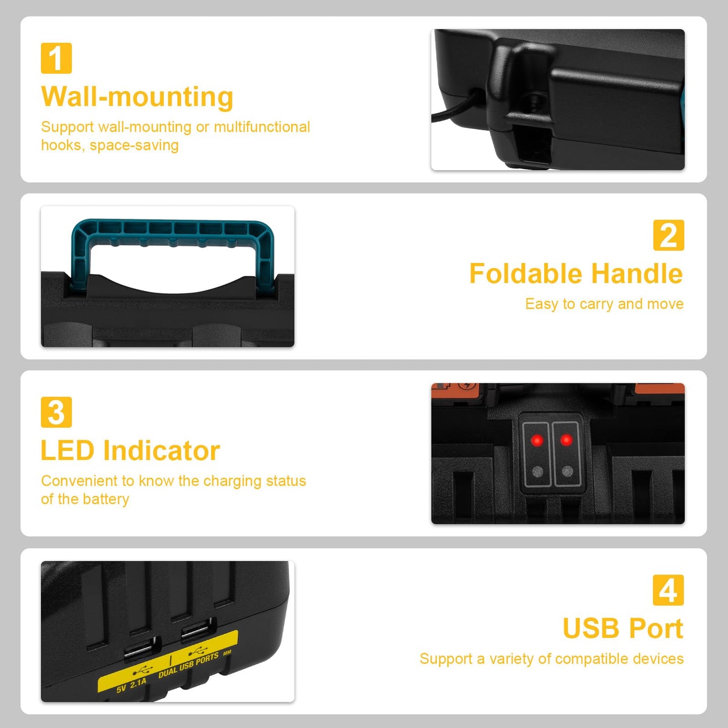 DCB104 4-Port Fast Charger for DeWalt 20V/60V Max Battery, with USB Port Compatible with DeWalt Battery 20V/60V DCB206 DCB208 DCB205 DCB606 DCB609Y DCB612 & Charger DCB104 DCB107 DCB115 DCB118