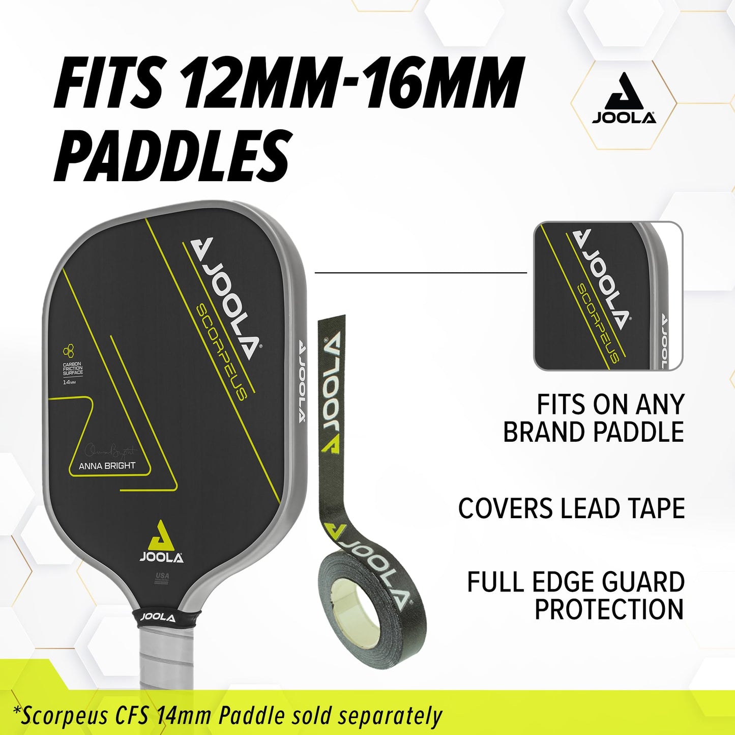 JOOLA Pickleball Paddle Edge Tape - Protects Edge Guard & Covers Lead Tape for Paddles - Fits Any Brand & Most Sizes of Pickleball Rackets - 5 Meter Extra Long Roll for 6 Racquettes