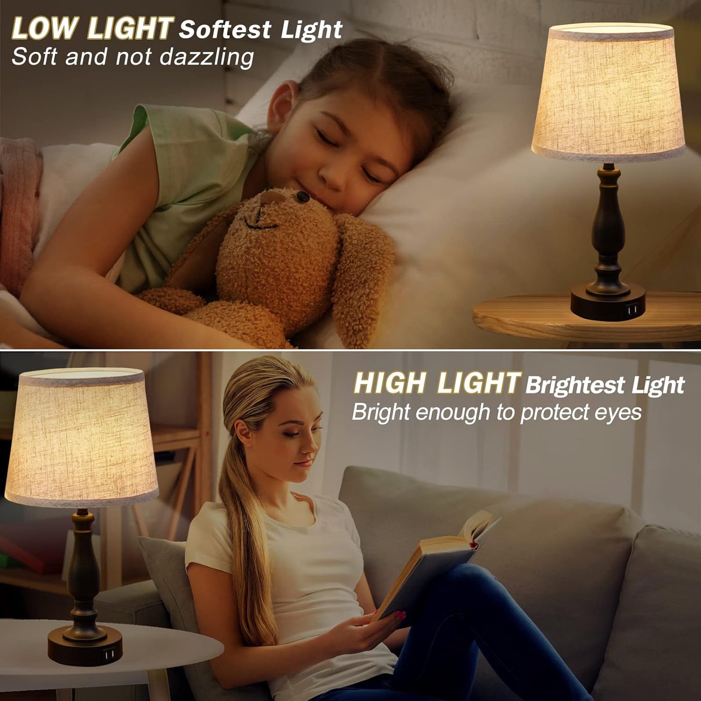 Touch Bedside Table Lamps Set of 2 with USB C+A Ports - 3-Way Dimmable Linen Shade