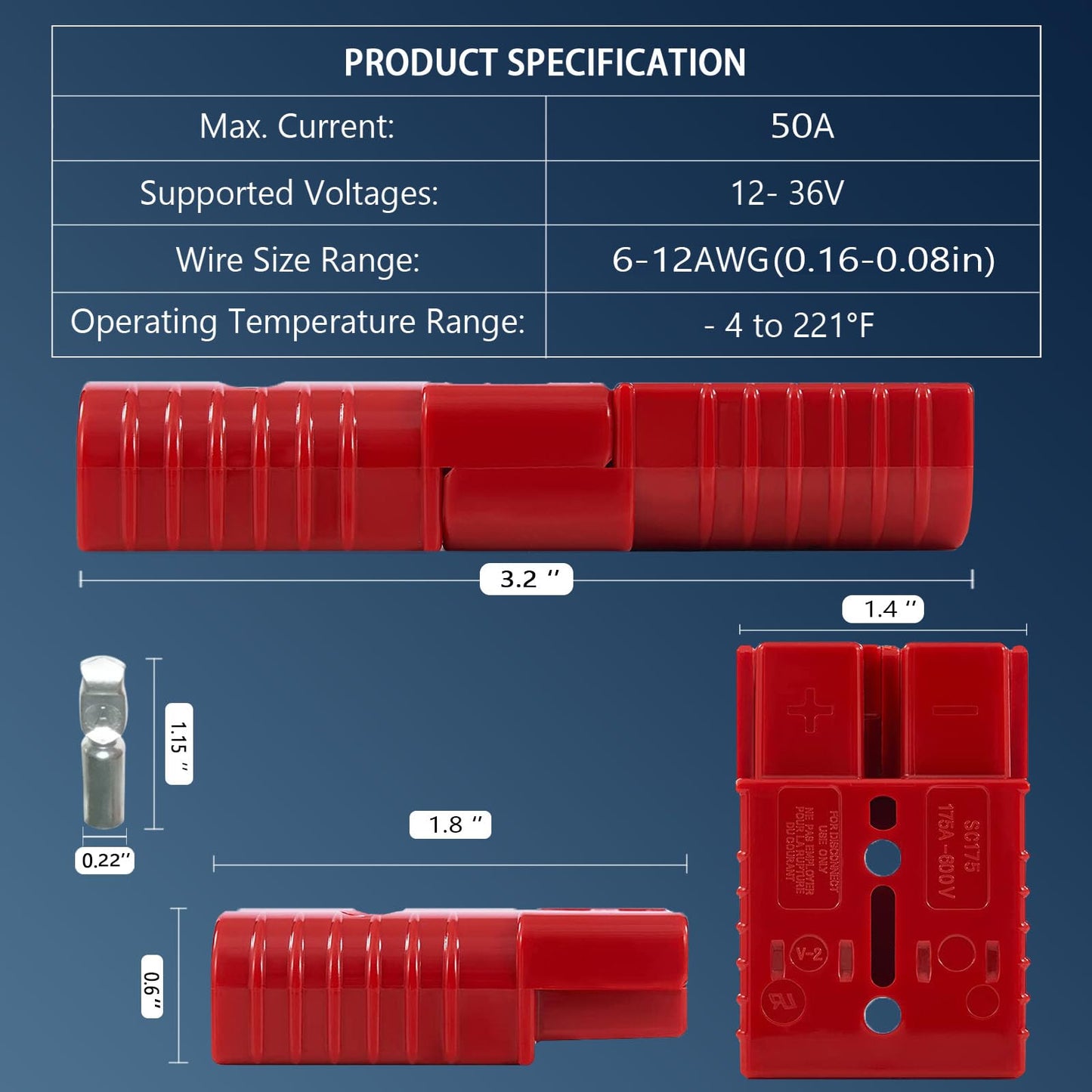 BFXM Anderson Connector 4 Pcs, 50 Amp 12-36v Batteries Quick Connect/Disconnect Plug Kit, Connectors for 6 to 12 Gauge Cables, for Car Bike ATV Winches Lifts Motors More,SB50 Red