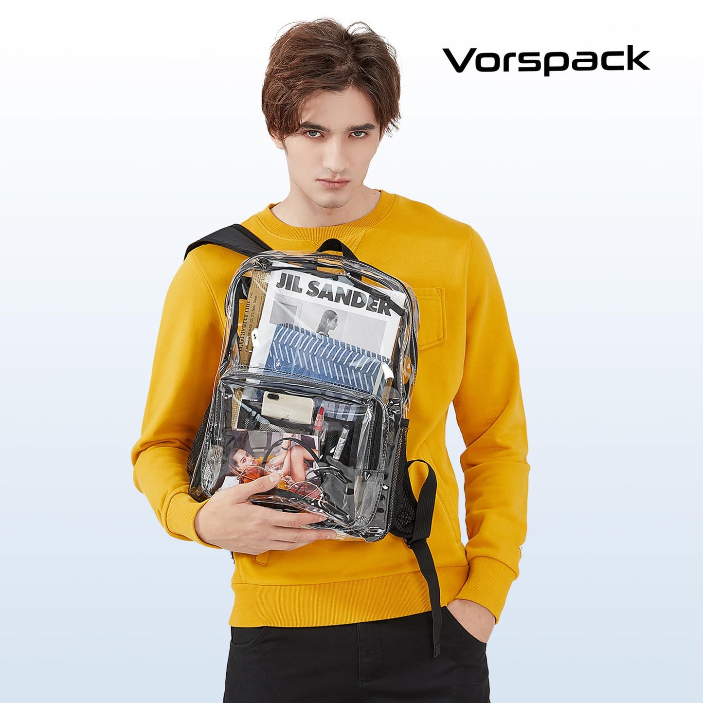 Vorspack Clear Backpack Heavy Duty PVC Transparent Backpack with Reinforced Strap & Large Capacity for College Workplace Security - Black