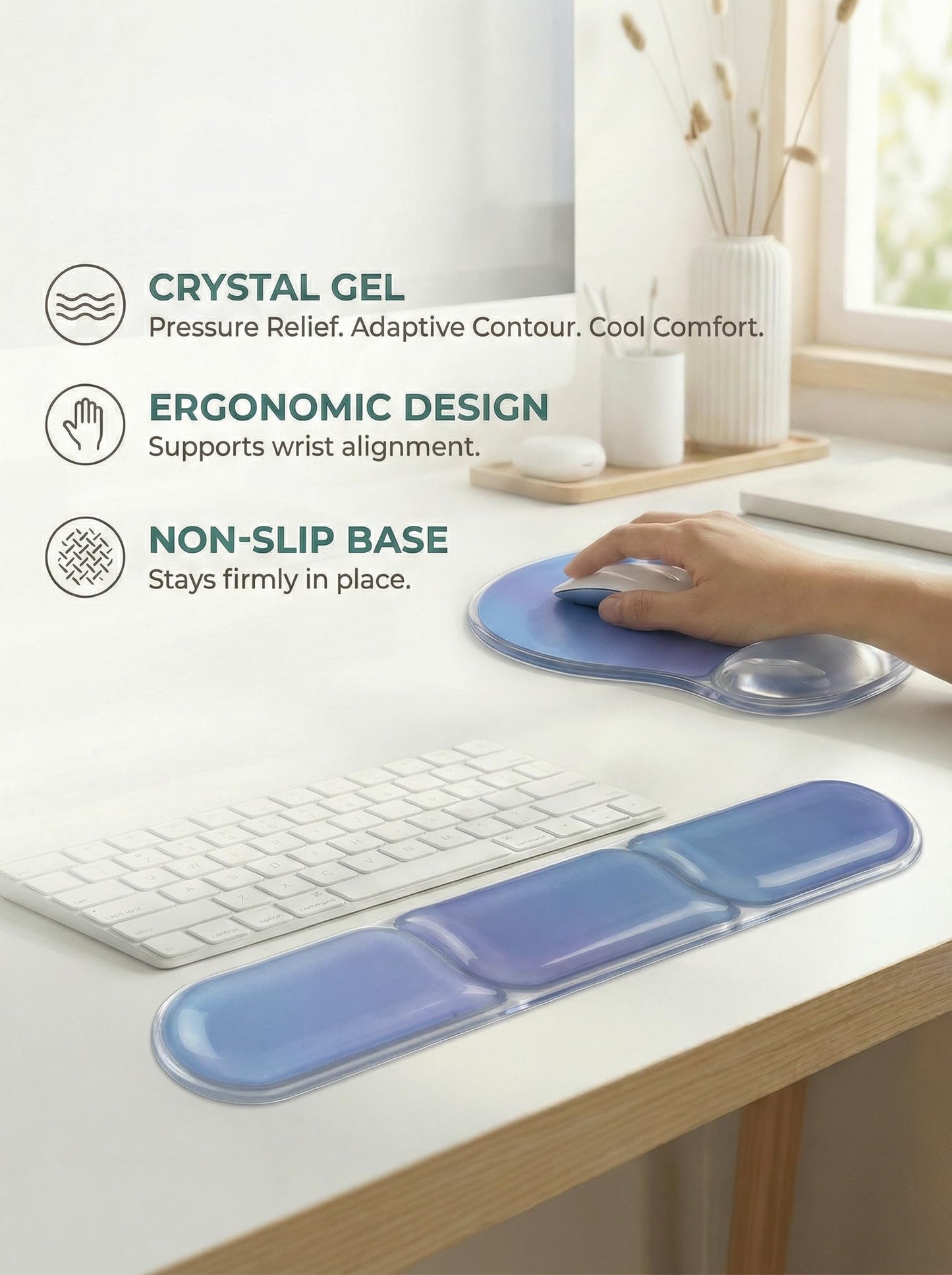 icolor Crystals Gel Mouse Pad Keyboard Wrist Rest Set, Ergonomic Keyboard & Mousepads Wrist Support, Non Slip Gel Keyboards Wrist Rest Desk Pad for Computer Laptop Gaming Office Gift (MicroBlue)