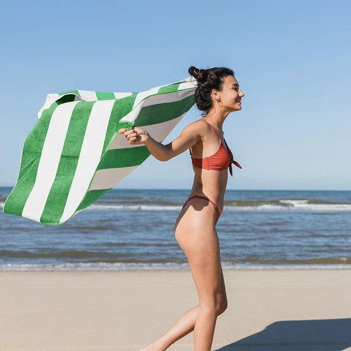 Cabanana Large Oversized Beach Towel - Soft Green Striped Cotton Pool Towel, 35 x 70 Inch