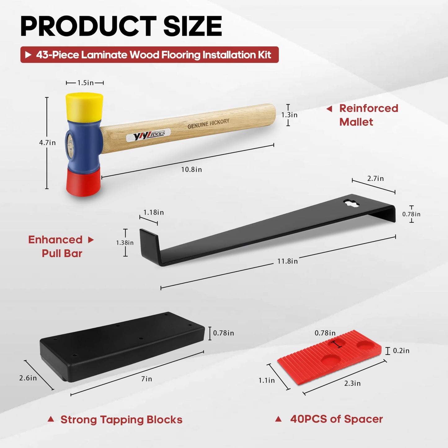 YIYITOOLS 43Pcs Laminate Wood Flooring Installation Kit,LVP Installation Kit,Vinyl Flooring Tools with 40Pcs Spacers,Double-Faced Rubber Mallet,Tapping Block,HeavyDuty Pull Bar,Laminate Flooring Tools