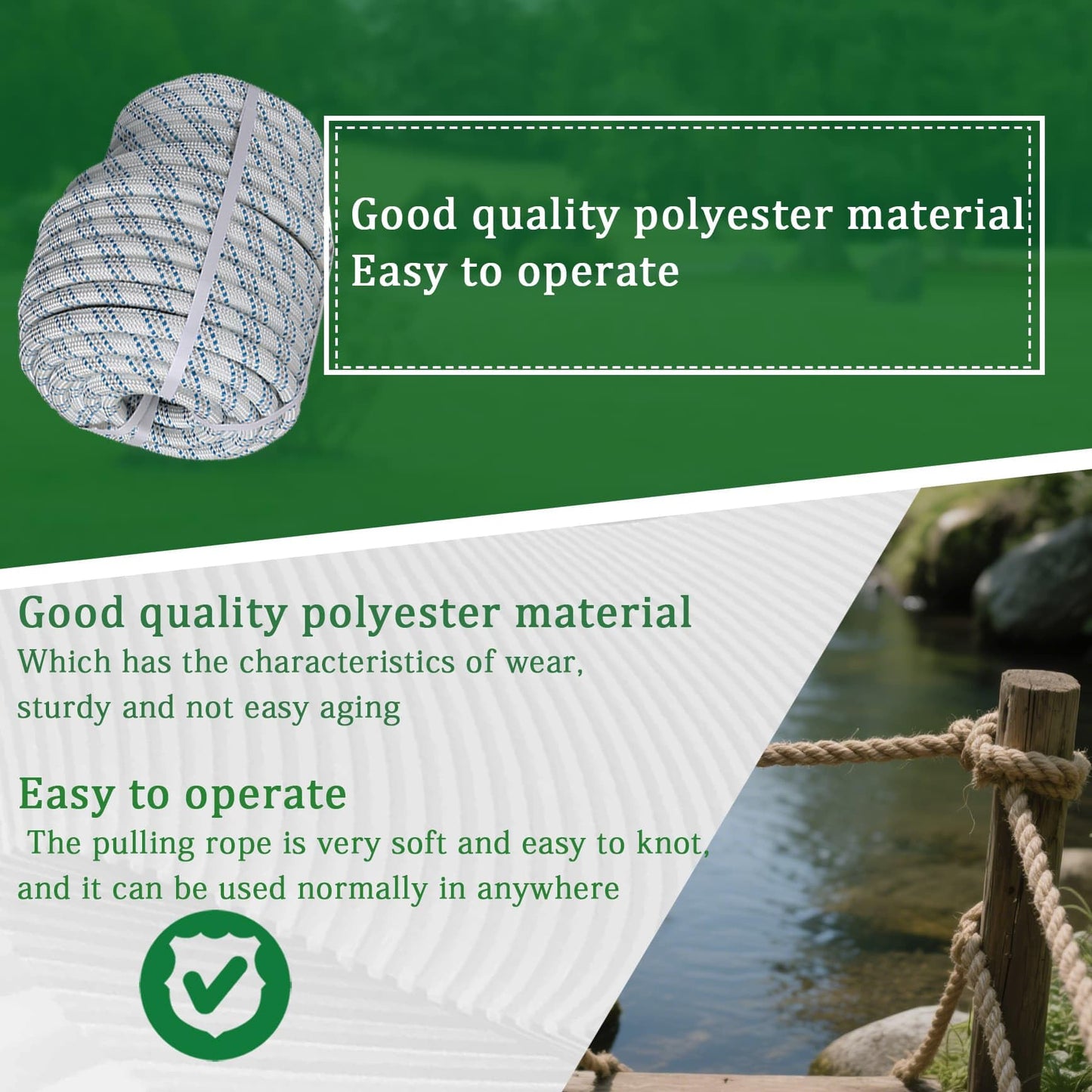 3/4 in 150 FT Braided Rope 16500 LBS Breaking Strength High Force Polyester Rope Suitable for Swing Camping Tree Work Arborist Rigging White Grey Blue