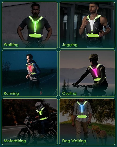 iOCSmart LED High Visibility Reflective Vest, Adjustable Hi Vis Sports Gear Safety Vest with Waterproof Phone Storage Bag Key Case for Walking the Dog, Running, Cycling, Motorcycle