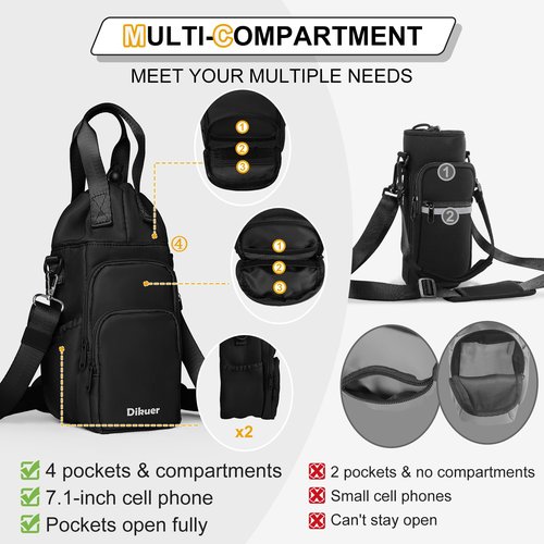 Dikuer Water Bottle Holder with Strap, 4 Big Pockets with Compartment, 24oz/32oz/40oz Crossbody Water Bottle Carrier Bag