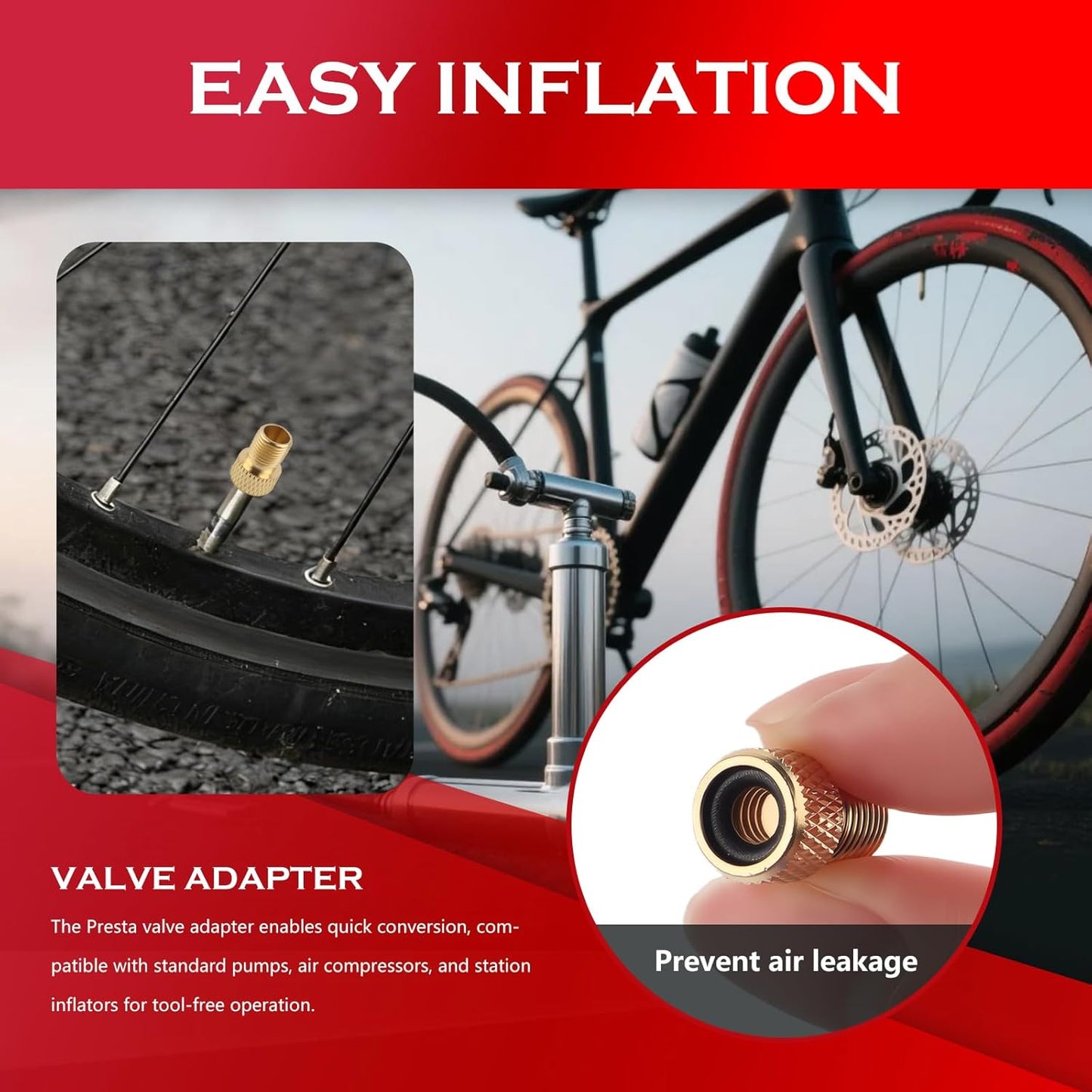 Skiennix Presta Valve Adaptor Kit - 6 Pack Schrader to Presta Valve Converters with Tire Valve Caps & Needles