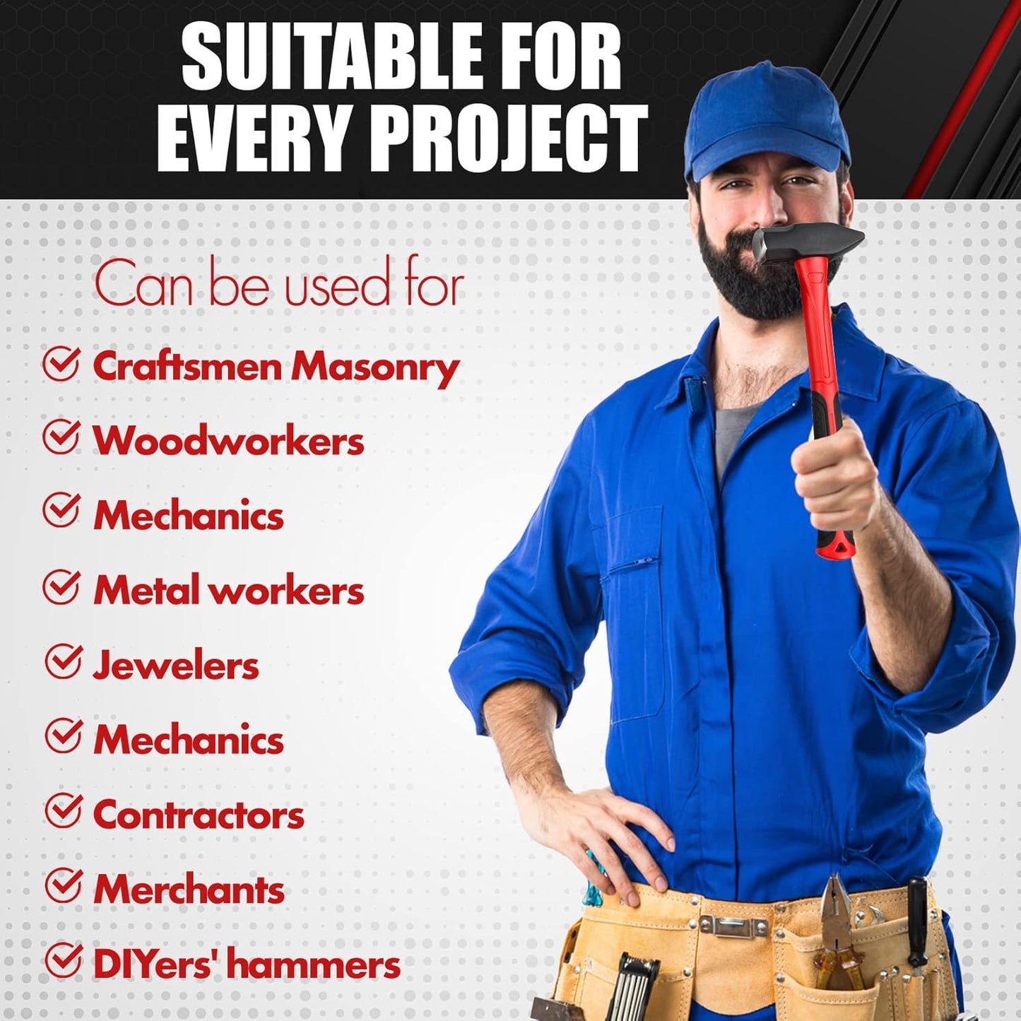 5-Piece Hammer Set with Fiberglass Handles | Ball Peen, Rubber Mallet & Sledge Hammers